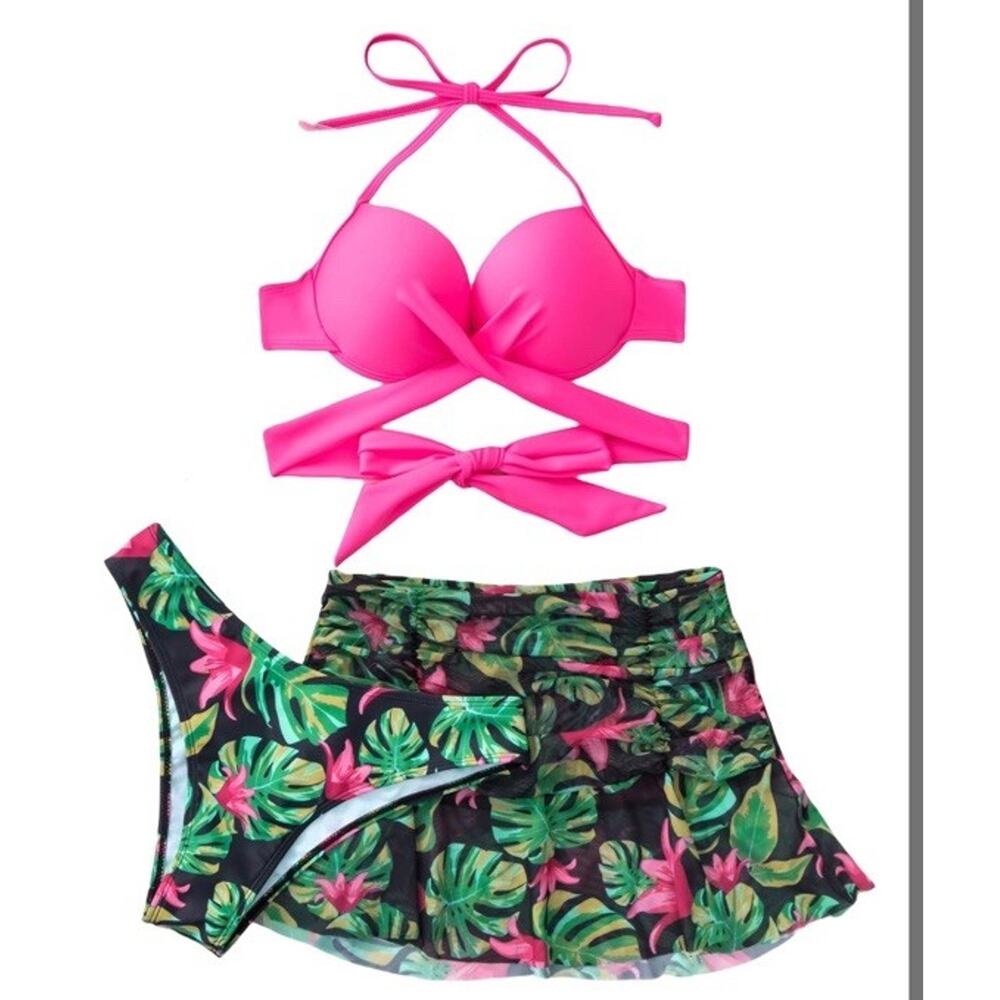 Women's Sexy Bikini Swimsuit Set 3PCS Padded Underwire Pink Top,Floral Bottom L